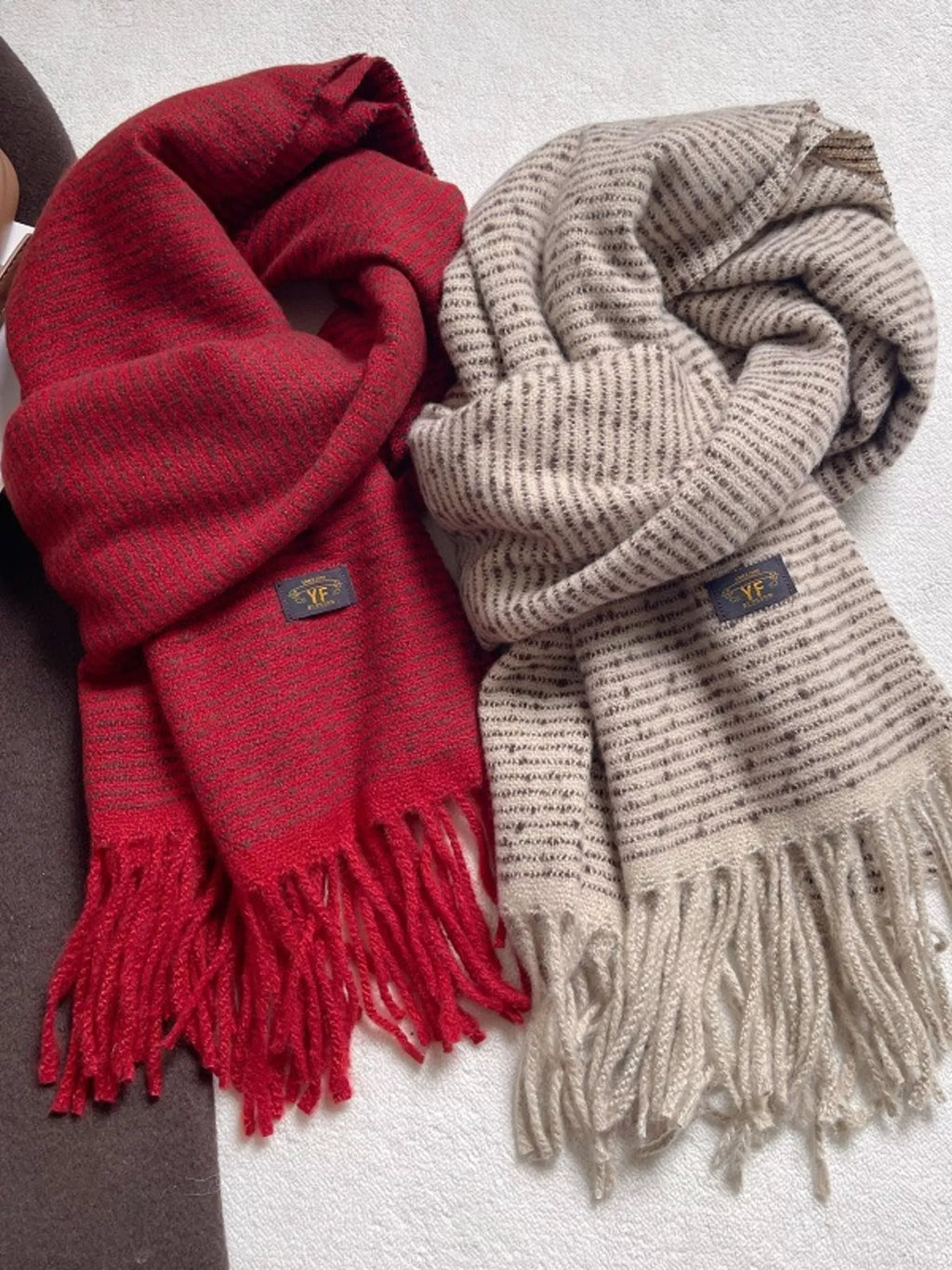 Warm Striped Tassel Scarf