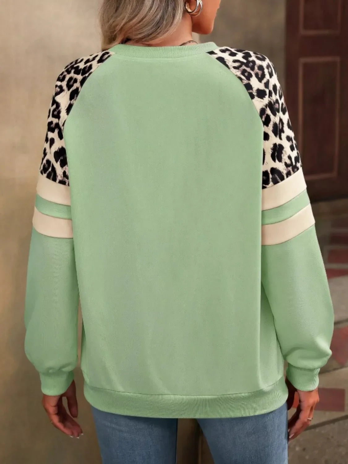 Leopard Raglan Sleeve Striped Sweatshirt