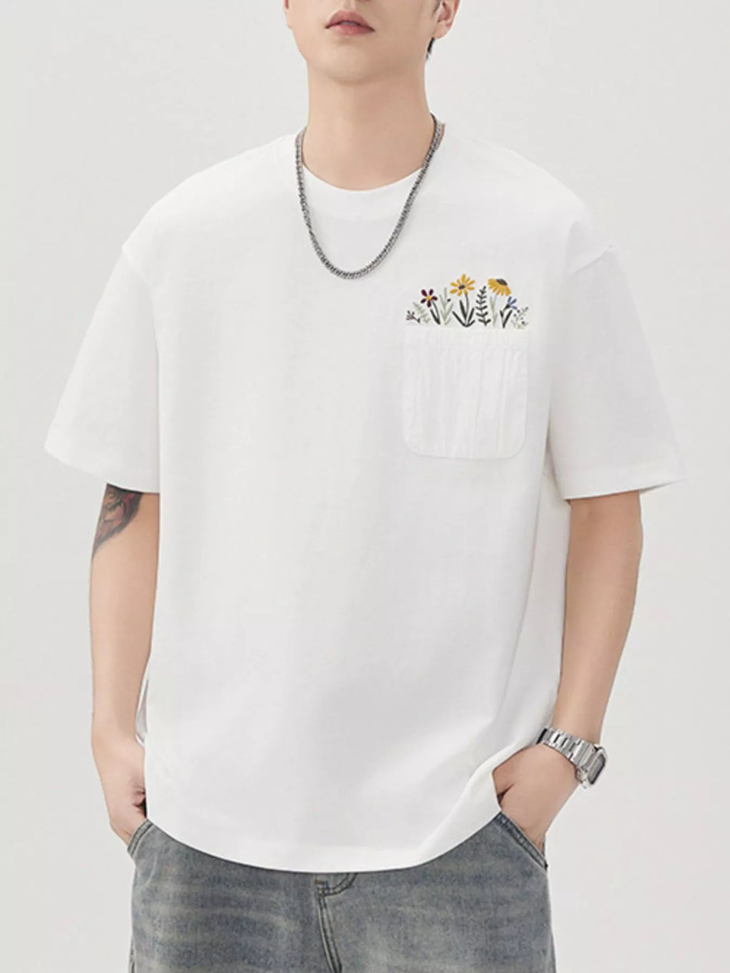 Men's Plus Size Floral Pocket Embroidered Casual T-Shirt