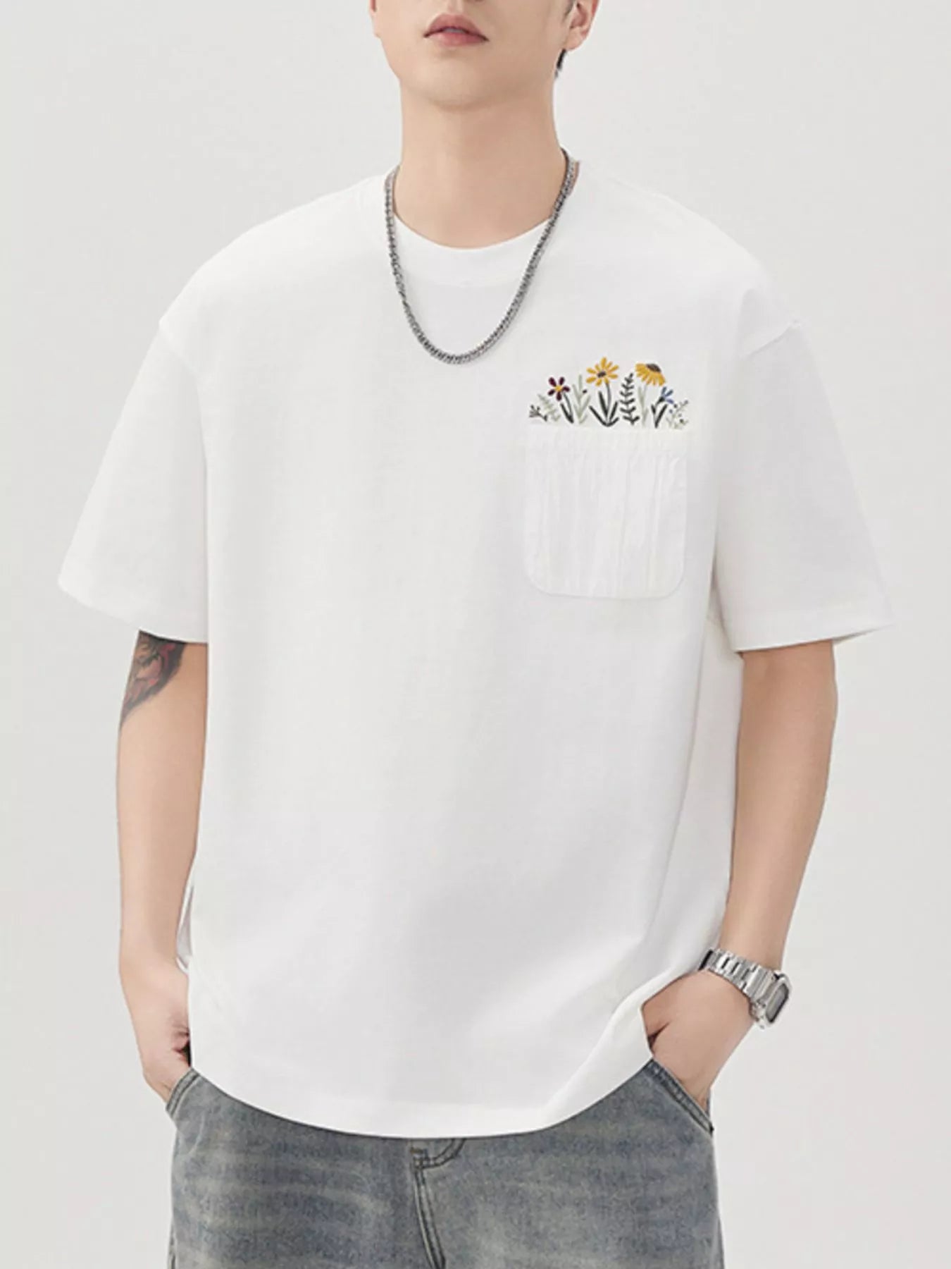 Men's Plus Size Floral Pocket Embroidered Casual T-Shirt