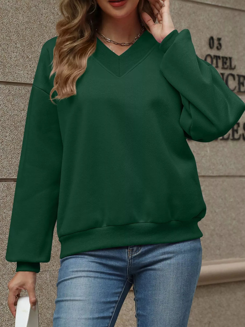 V-Neck Solid Color Casual Sweatshirt