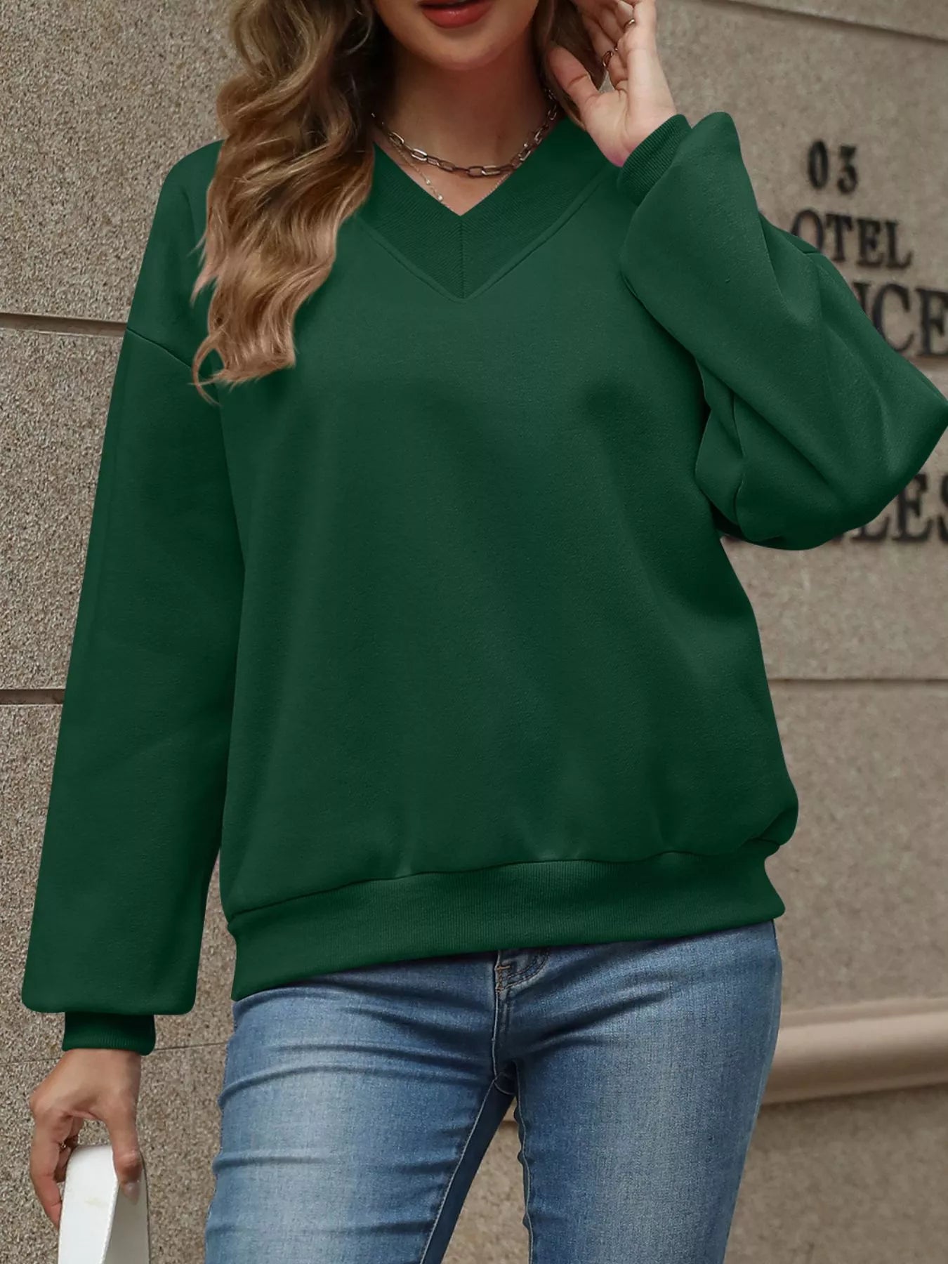 V-Neck Solid Color Casual Sweatshirt