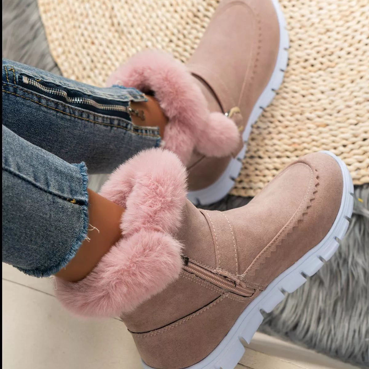 Fuzzy Trim Buckle Boots