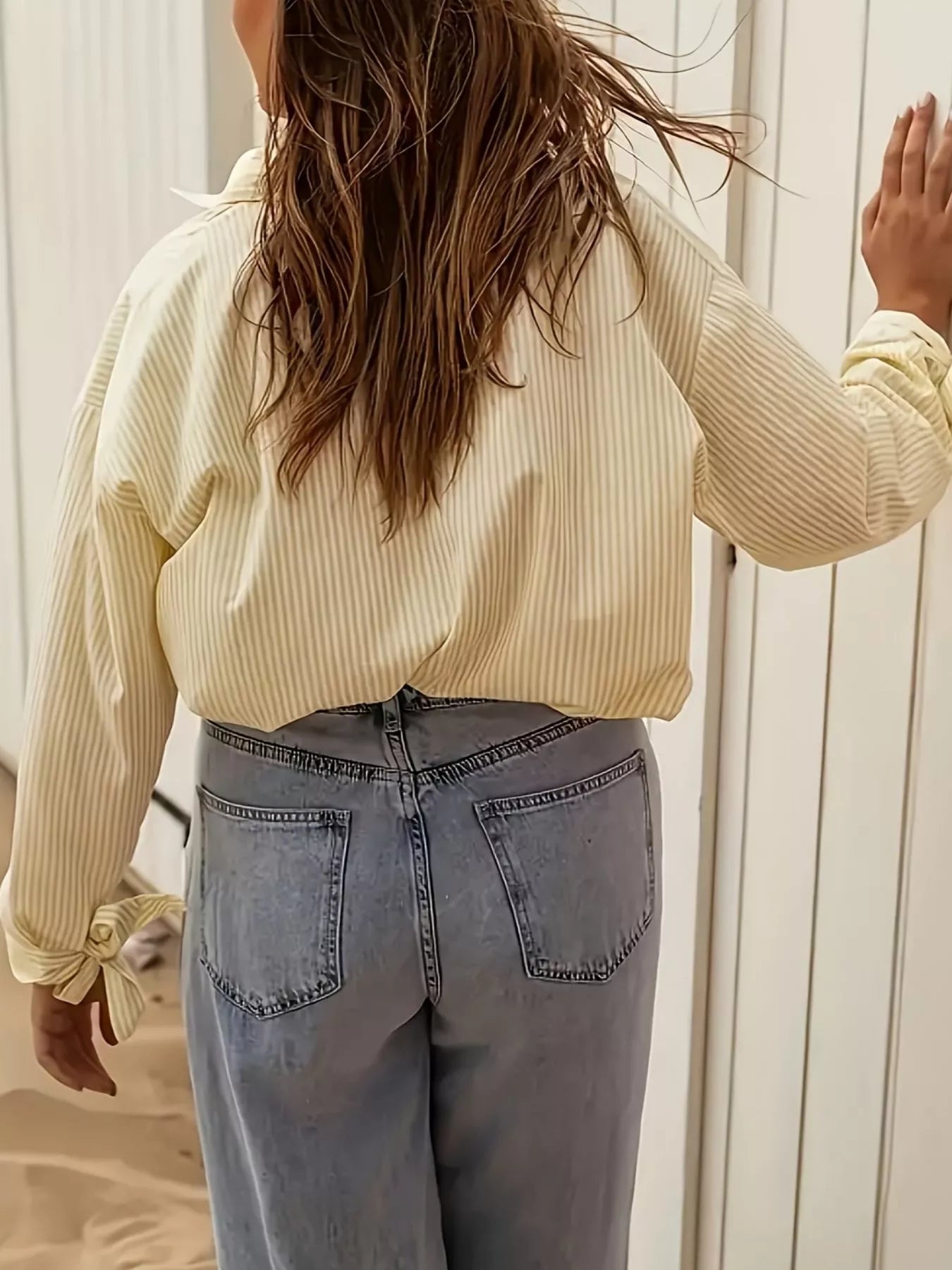 Striped Button Up Tie-Cuff Long Sleeve Shirt