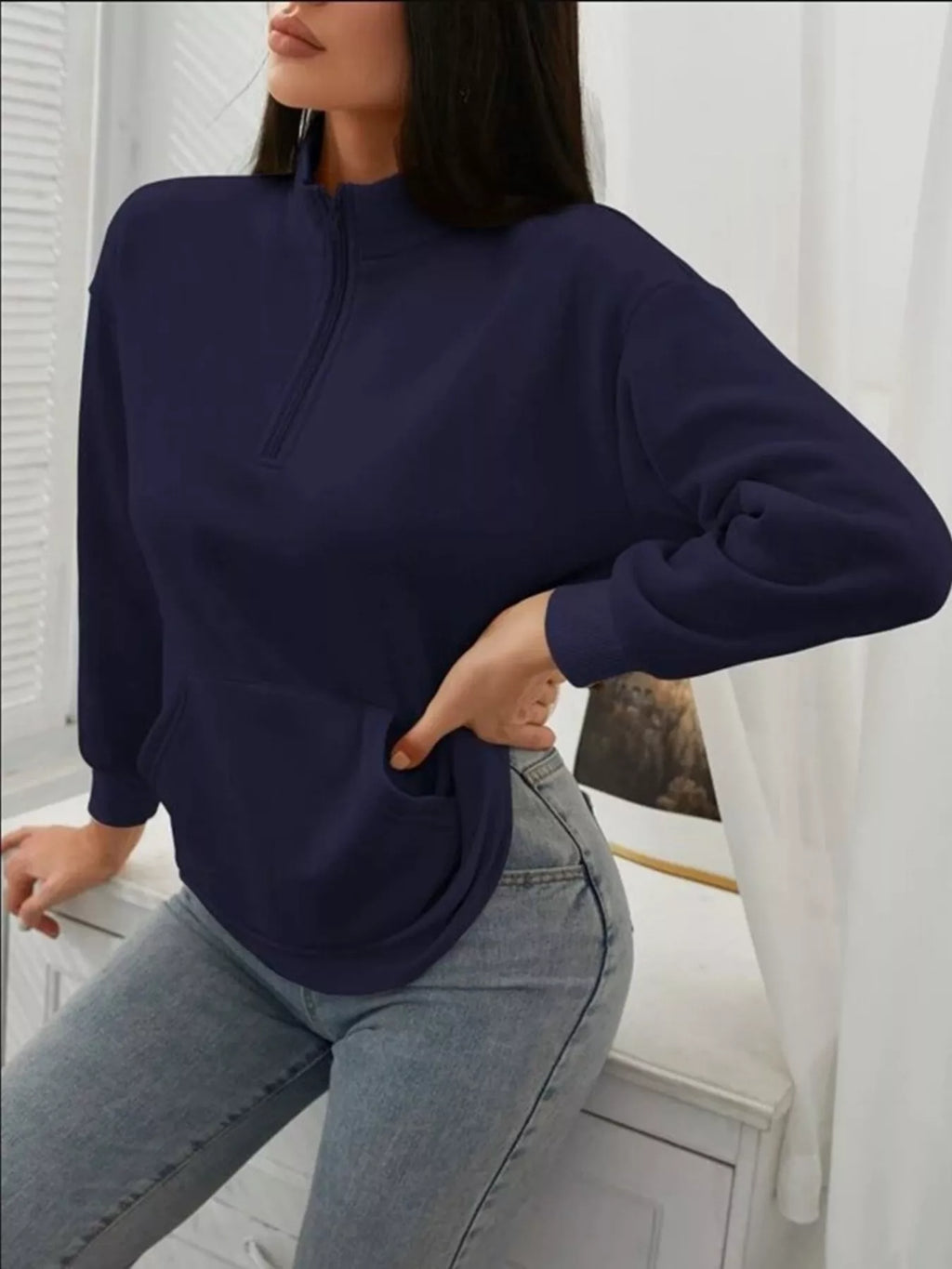 Zip-Up Collar Sweatshirt with Pocket