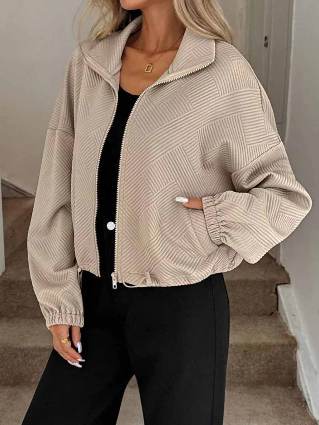 Textured Zip-Up Drawstring Hem Jacket