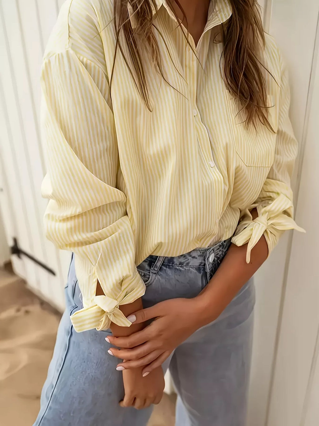 Striped Button Up Tie-Cuff Long Sleeve Shirt