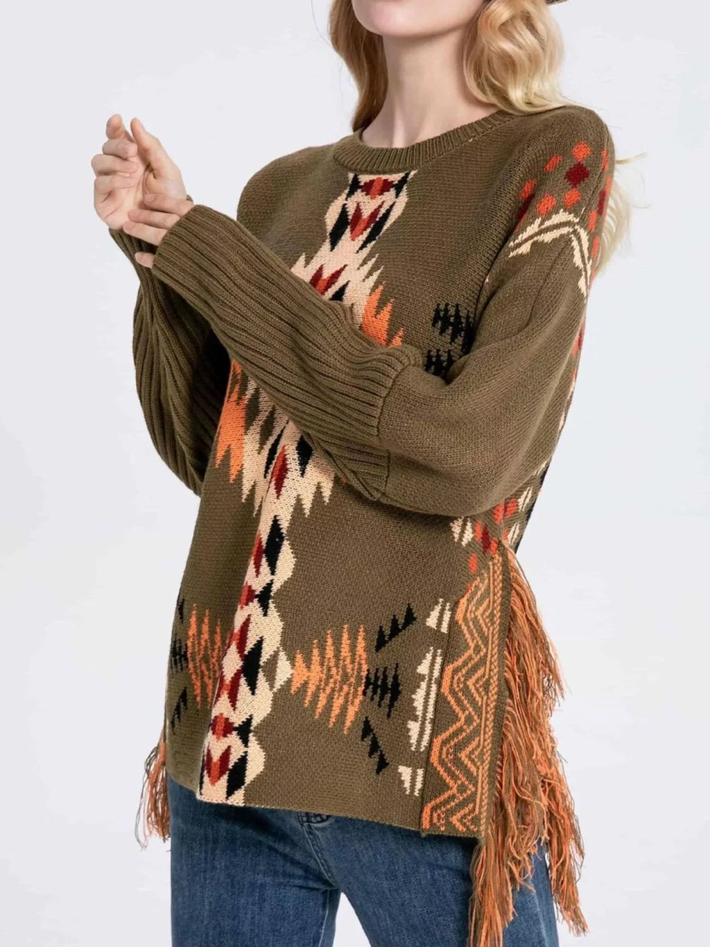Geometric Pattern Fringe Sweater