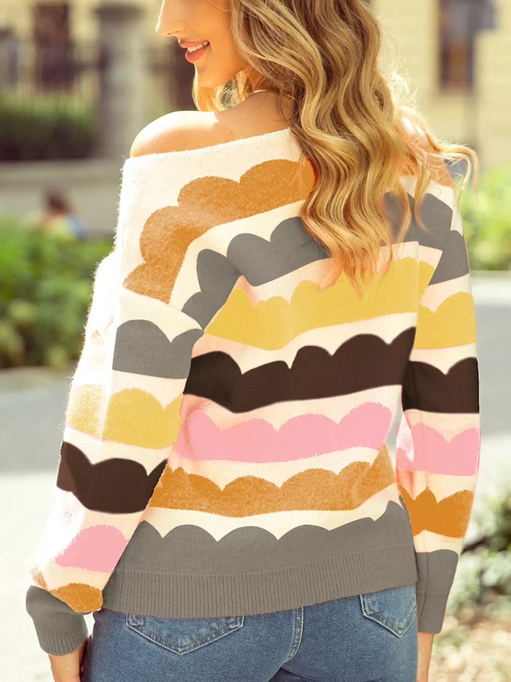 Wave Striped Balloon Sleeve Drop Shoulder Sweater