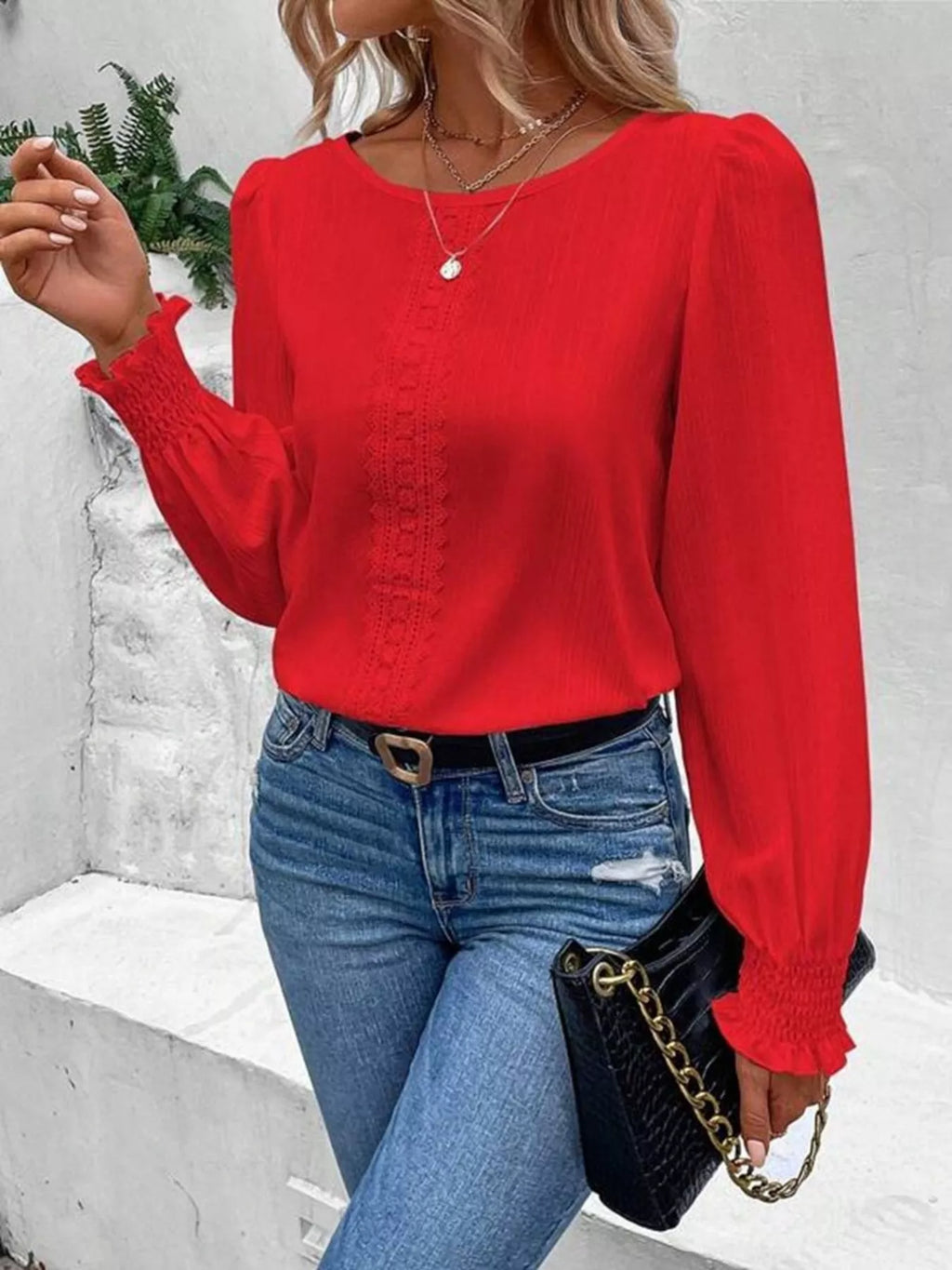 Lace Trim Long Sleeve Blouse