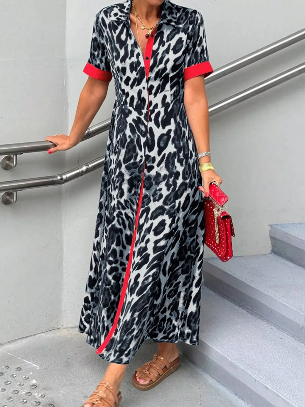 Leopard Print Button-Down Dress with Contrast Trim