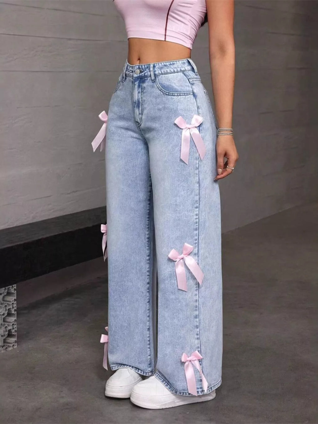 Bow Accent Wide Leg Jeans