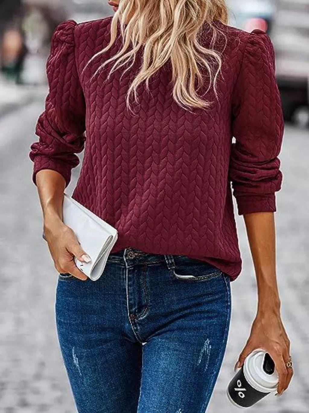 Textured Round Neck Long Sleeve Blouse