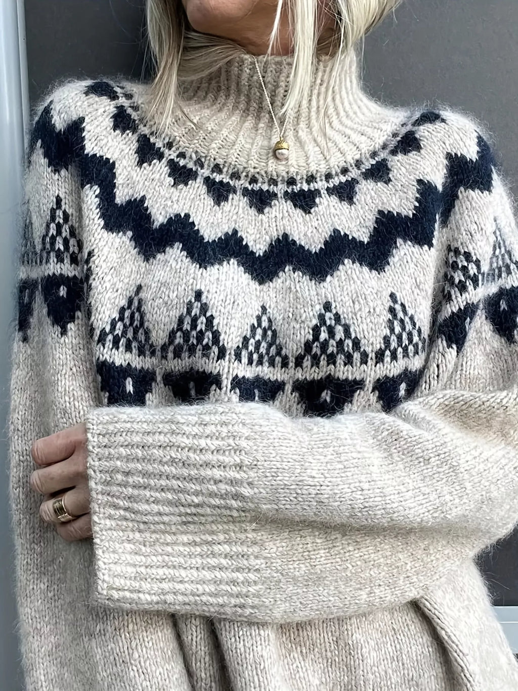Nordic Pattern High Neck Sweater