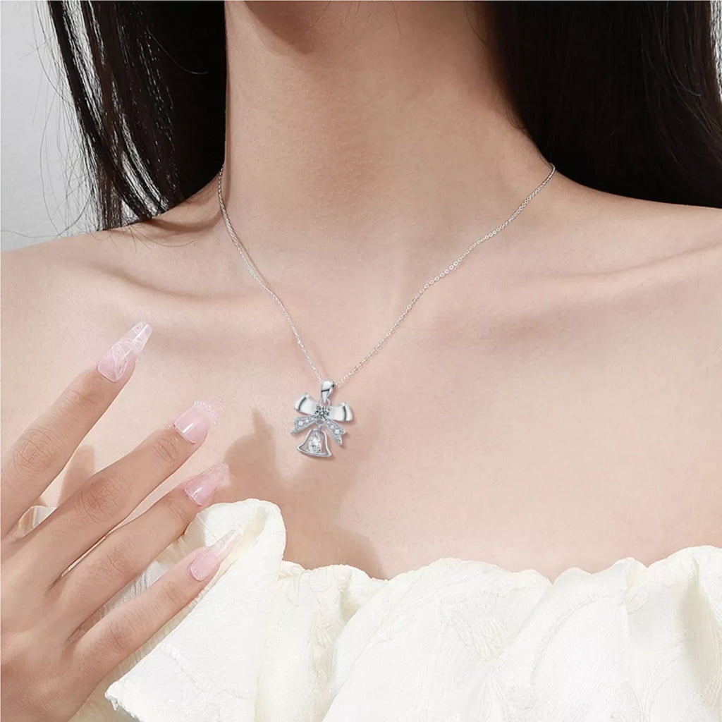 925 Sterling Silver Moissanite Bow Bell Pendant Necklace
