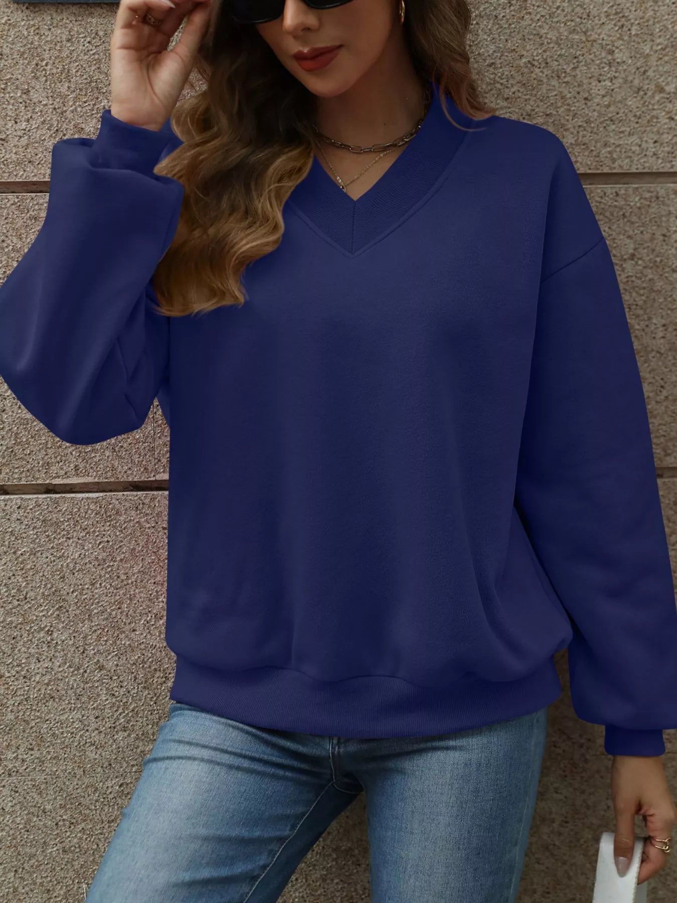V-Neck Solid Color Casual Sweatshirt