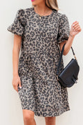 Leopard Round Neck Puff Sleeve Denim Dress