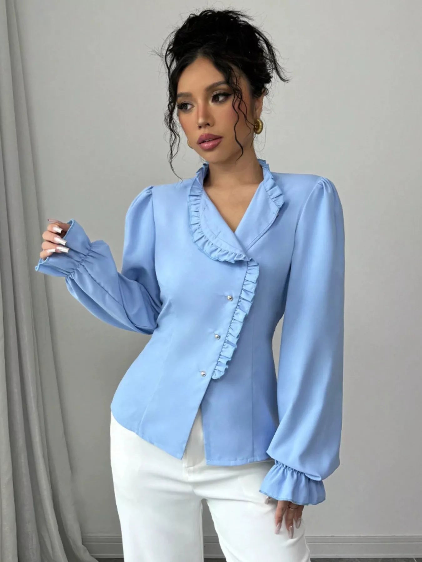 Ruffle Trim Long Sleeve Blouse