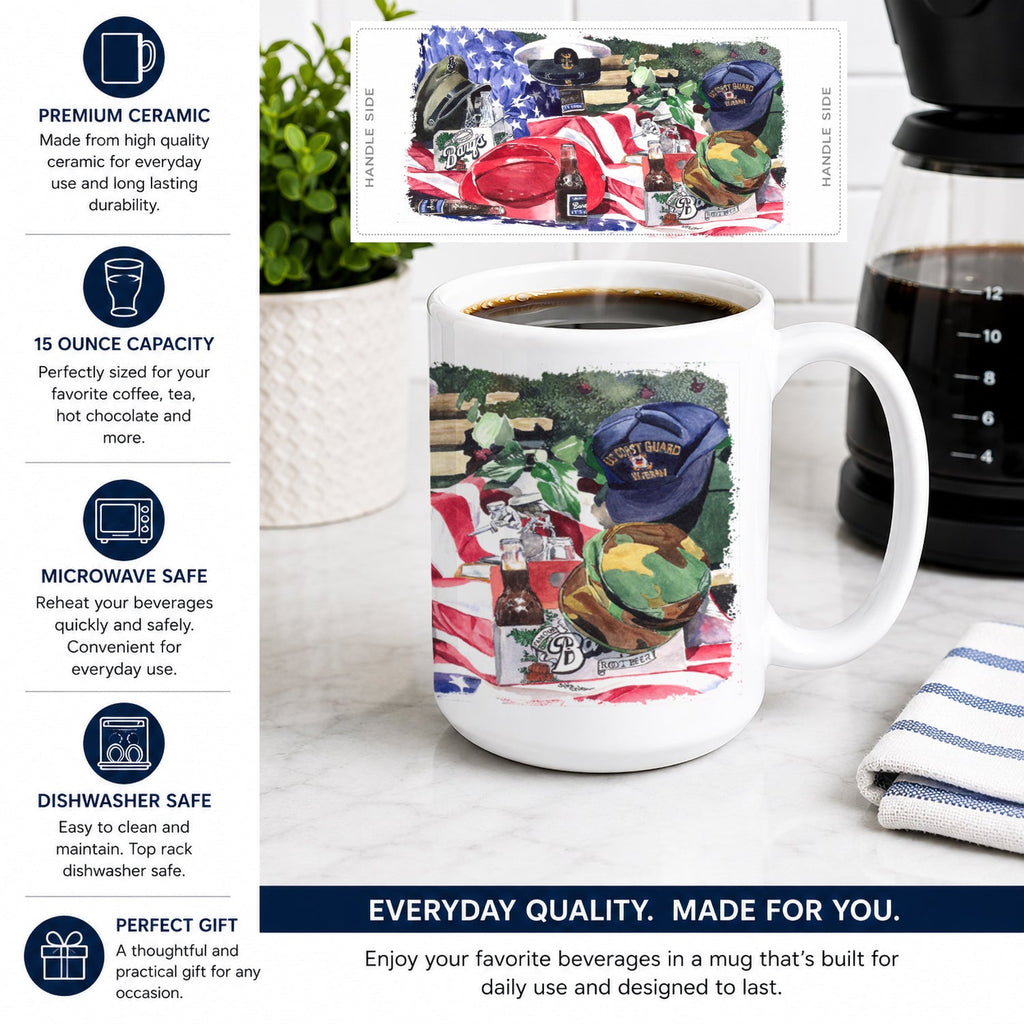 Barq's and Armed Forces Ceramic Coffee Mug 15 oz Decorative Large C Handle Mug Cup for Tea, Cocoa Hot Chocolate