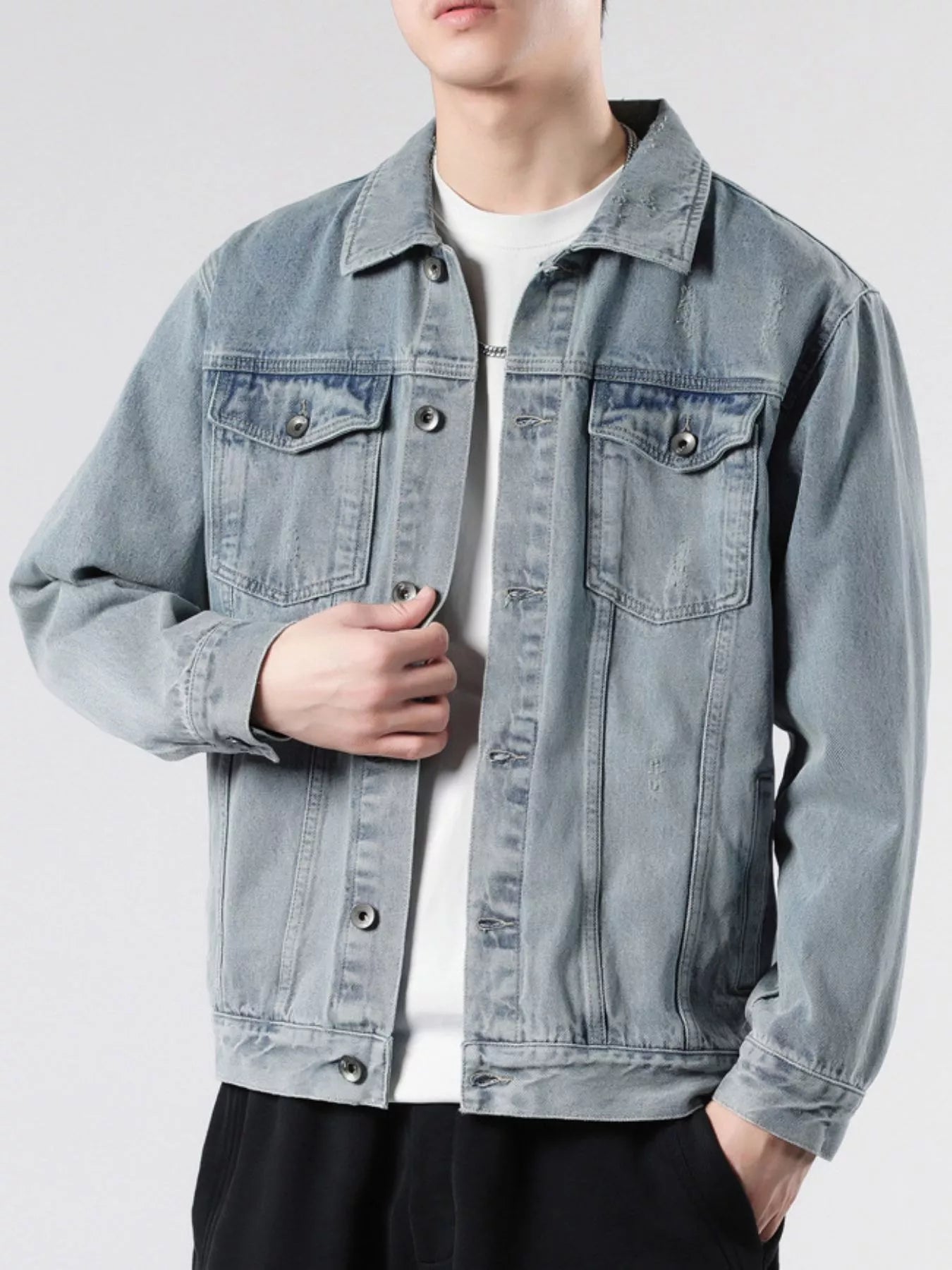 Men's Plus Size Vintage Wash Button Up Denim Jacket