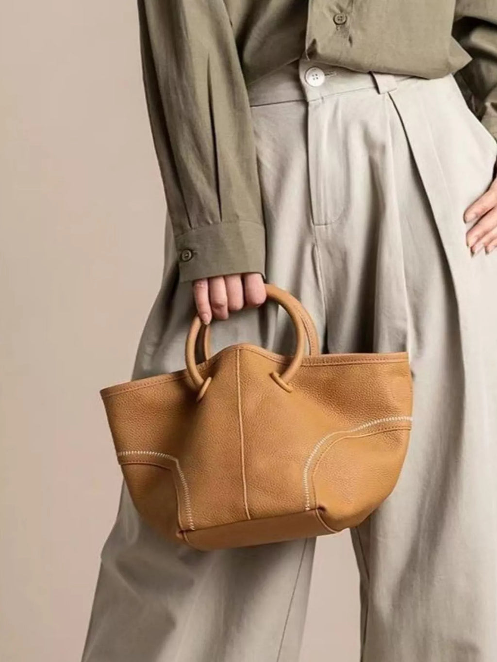 Leather Round Handle Tote Bag