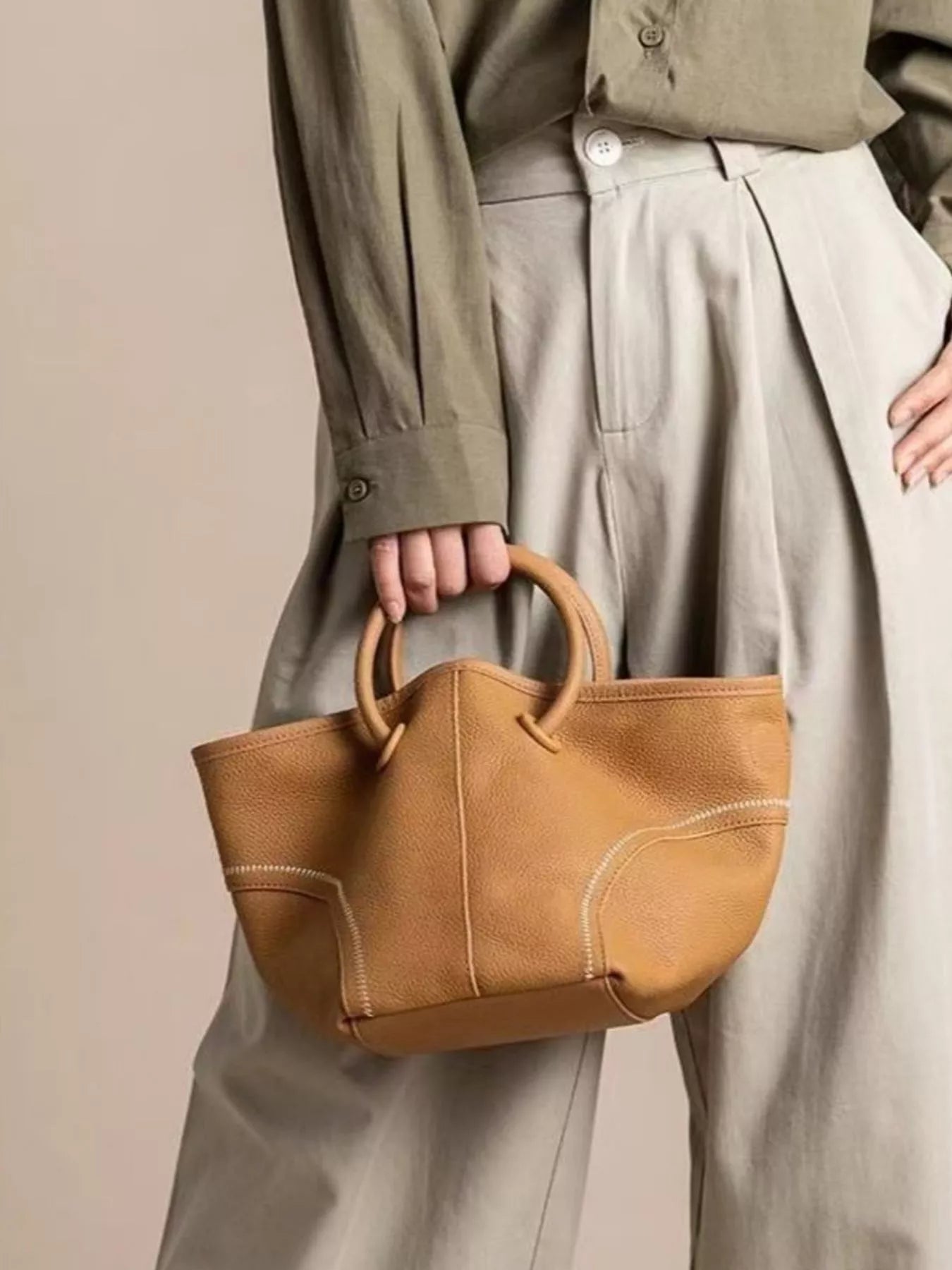 Leather Round Handle Tote Bag