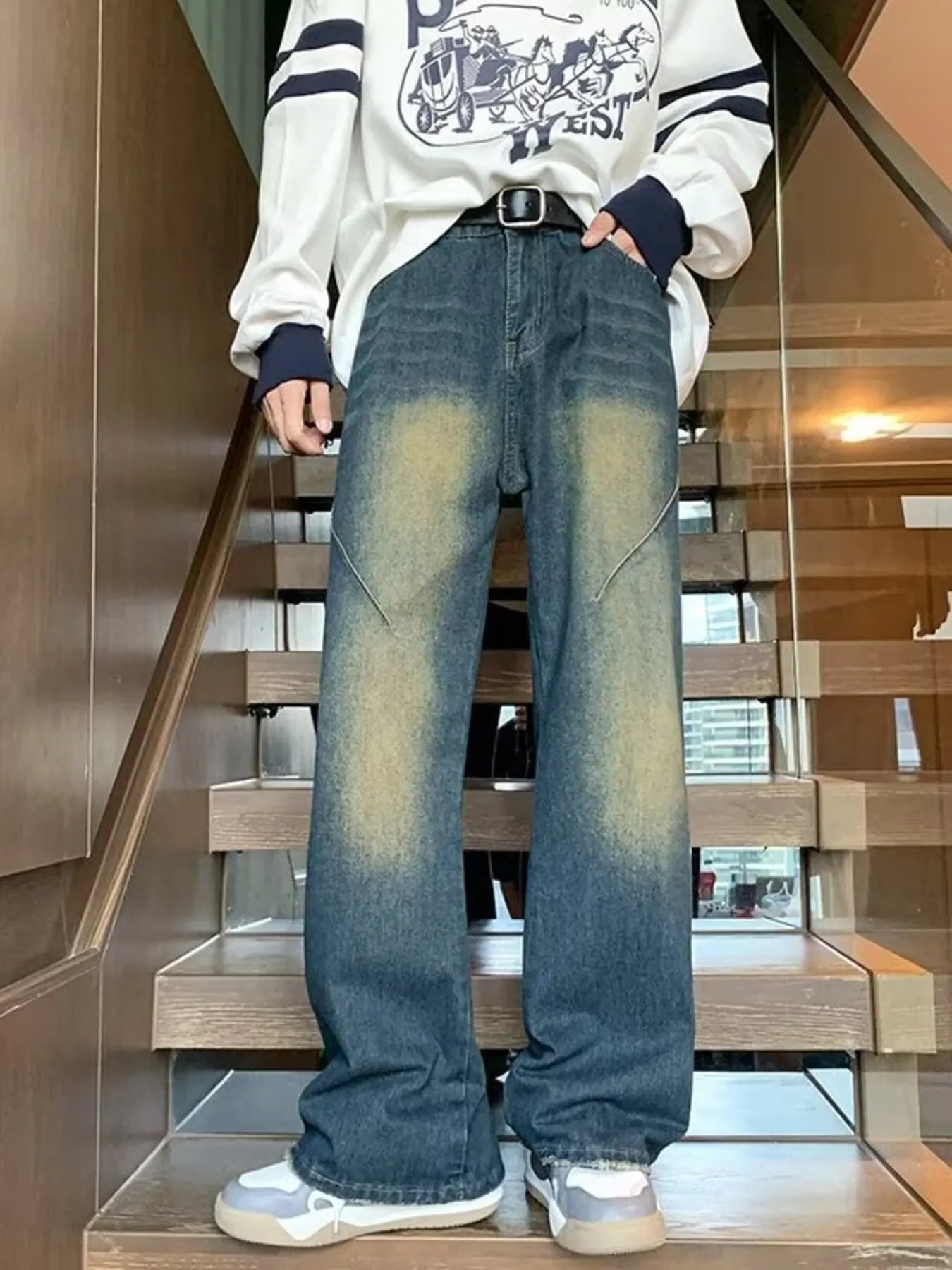 Men's Full Size Vintage Wash Wide Leg Jeans Plus Size