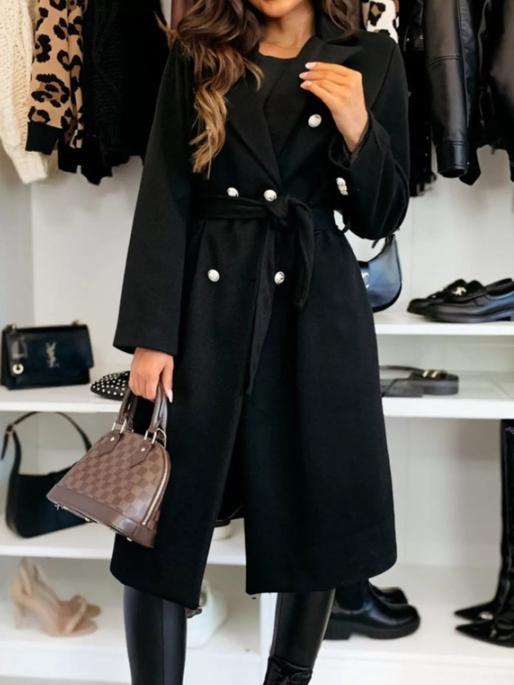 Double-Breasted Tie Waist Overcoat
