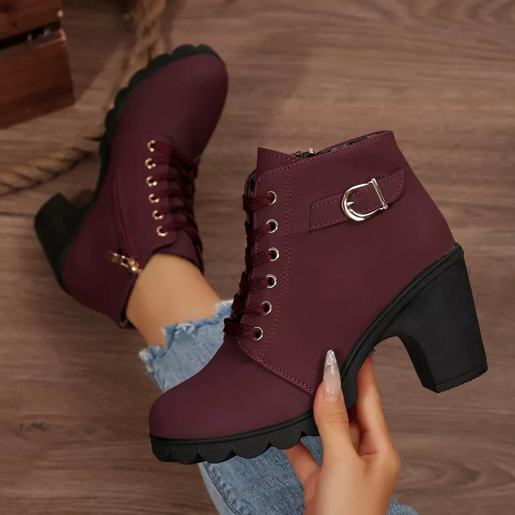 Lace-Up Buckle Chunky Heel Ankle Boots