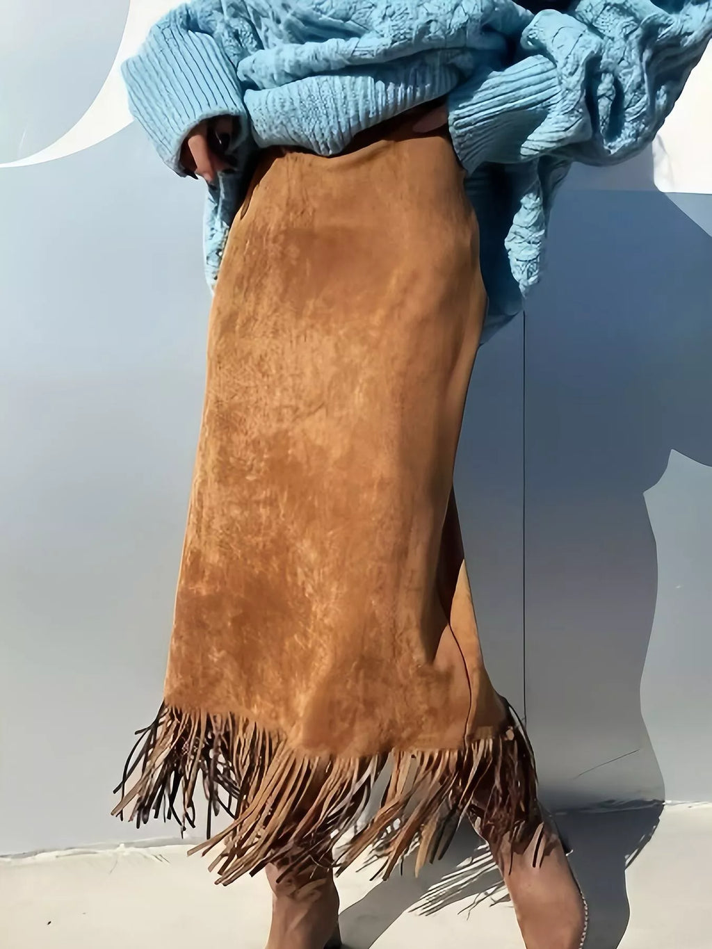 Suede Fringe Midi Skirt