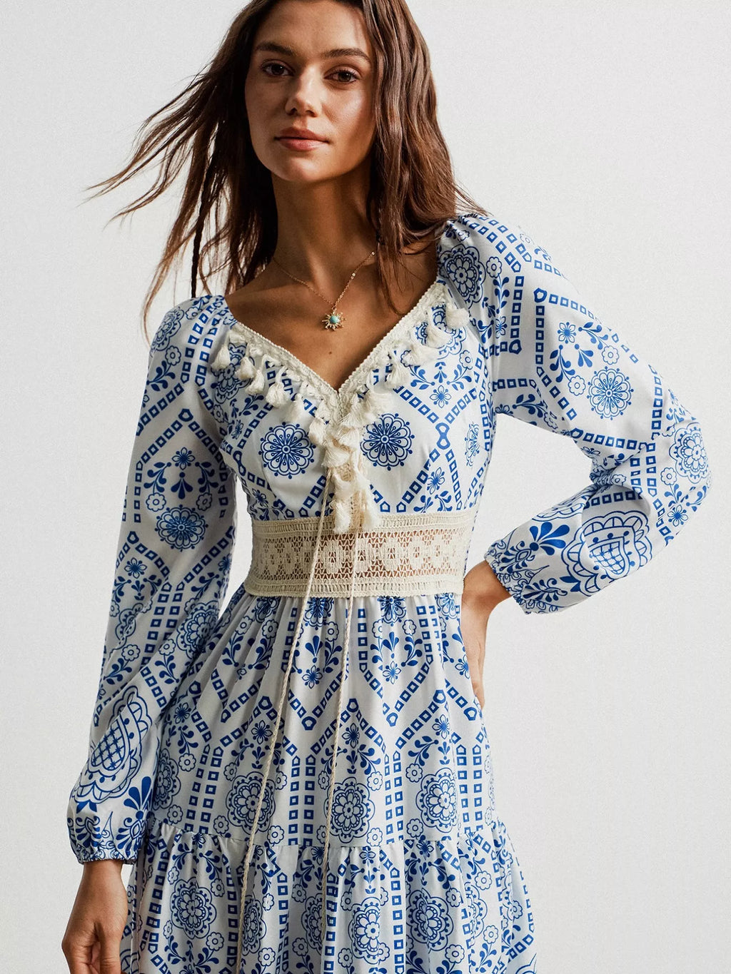Bohemian Print Midi Dress with Tassel Detail