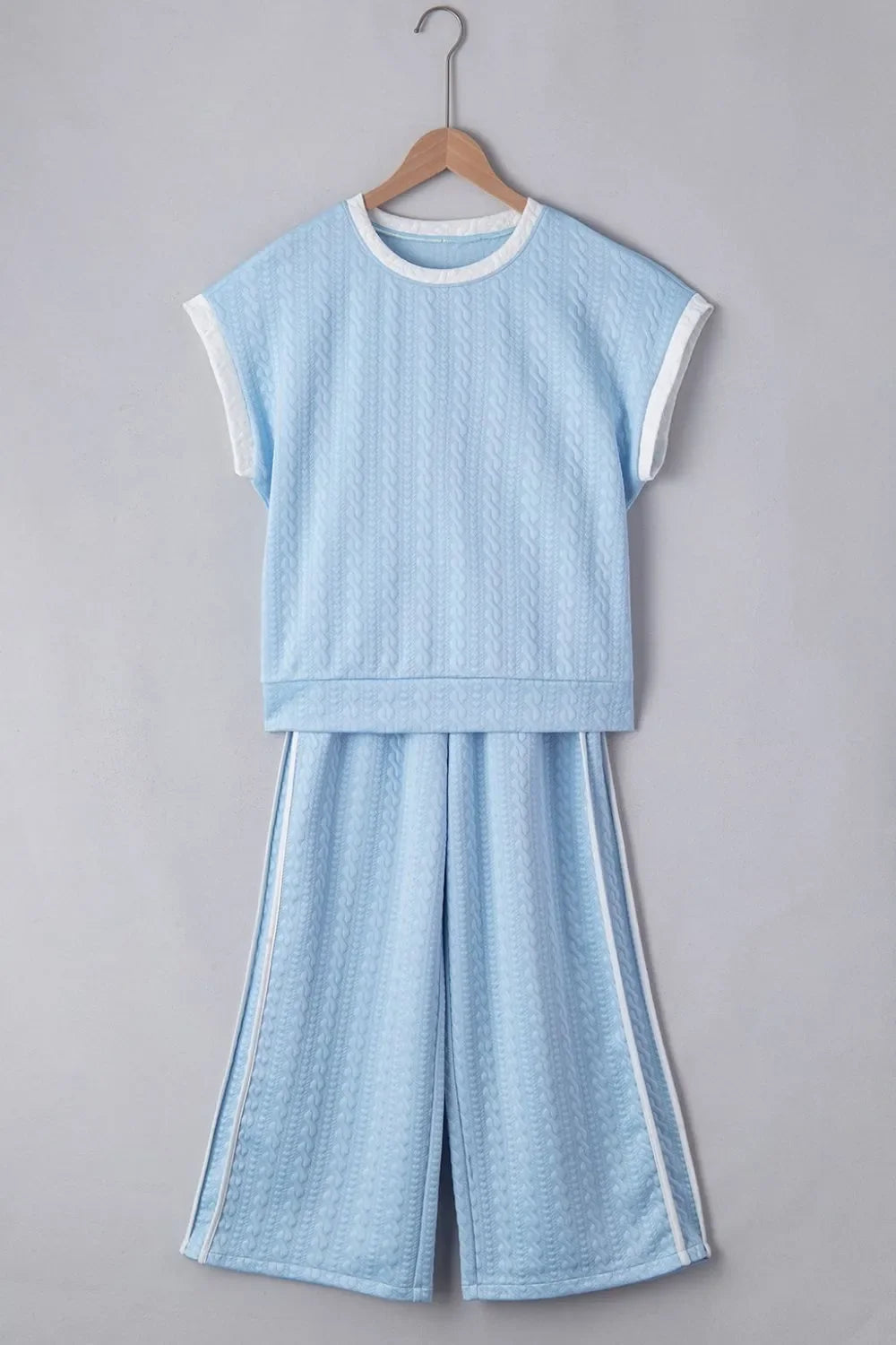 Textured Contrast Edge Top and High Waist Pants Set