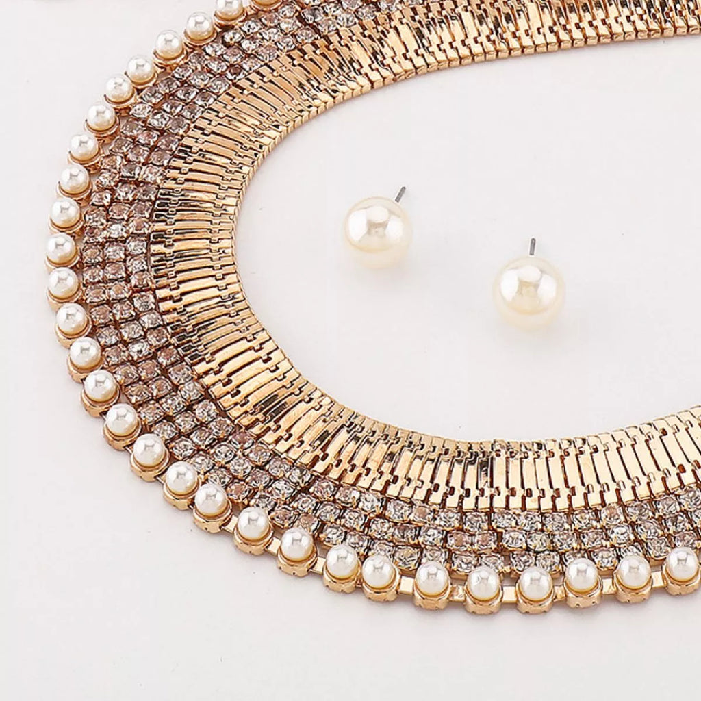 18K Gold-Plated Pearl Earrings and Necklace Jewelry Set