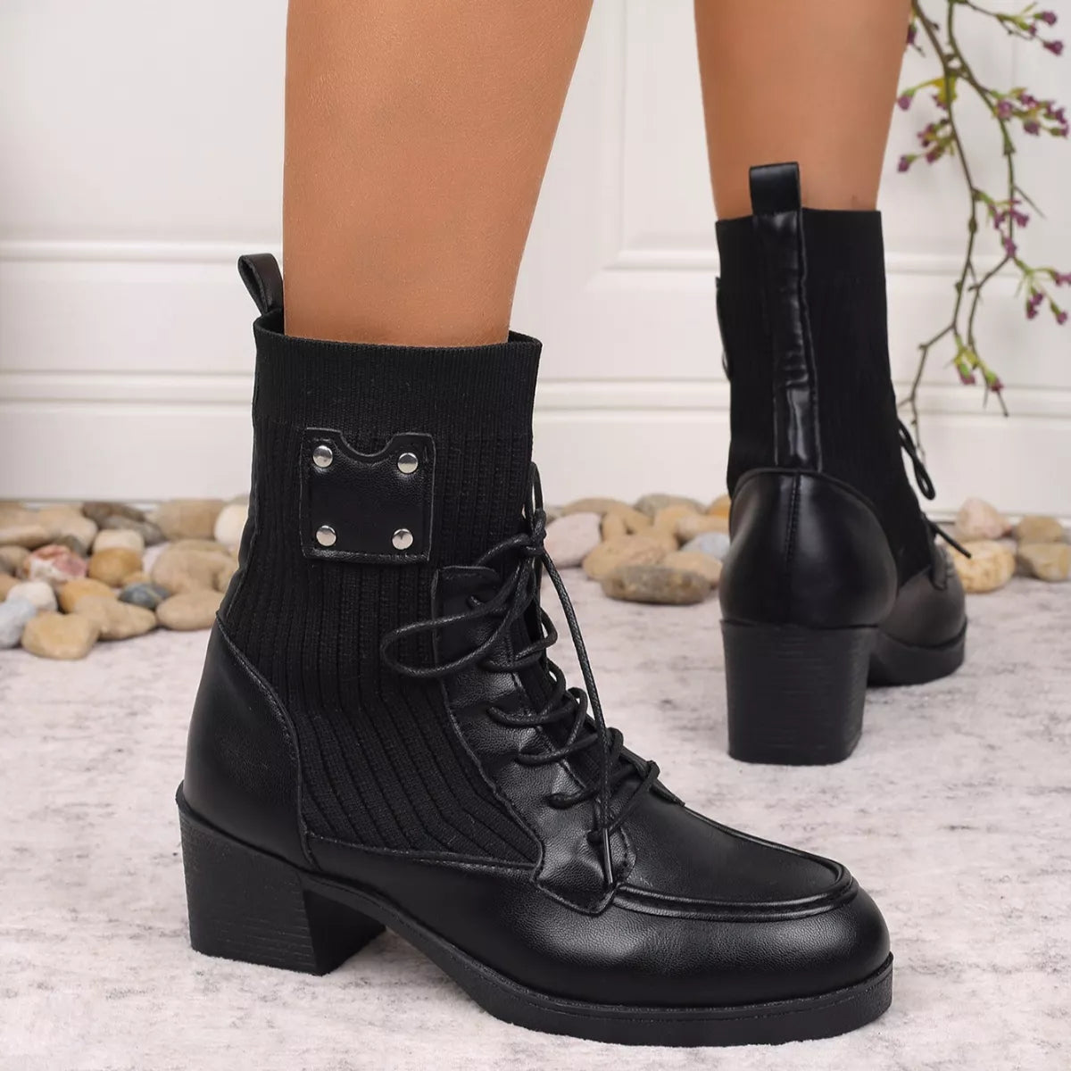 Lace Up Block Heels Boots