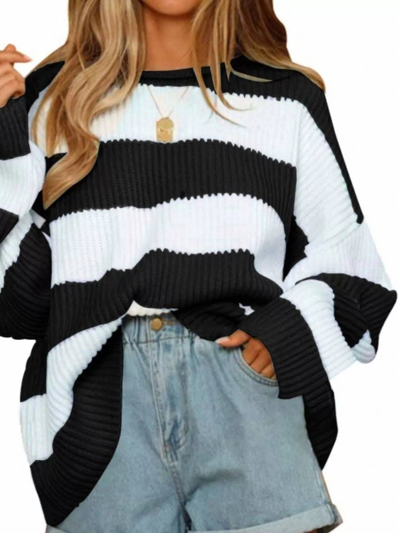 Full Size Contrast Striped Round Neck Sweater Plus Size