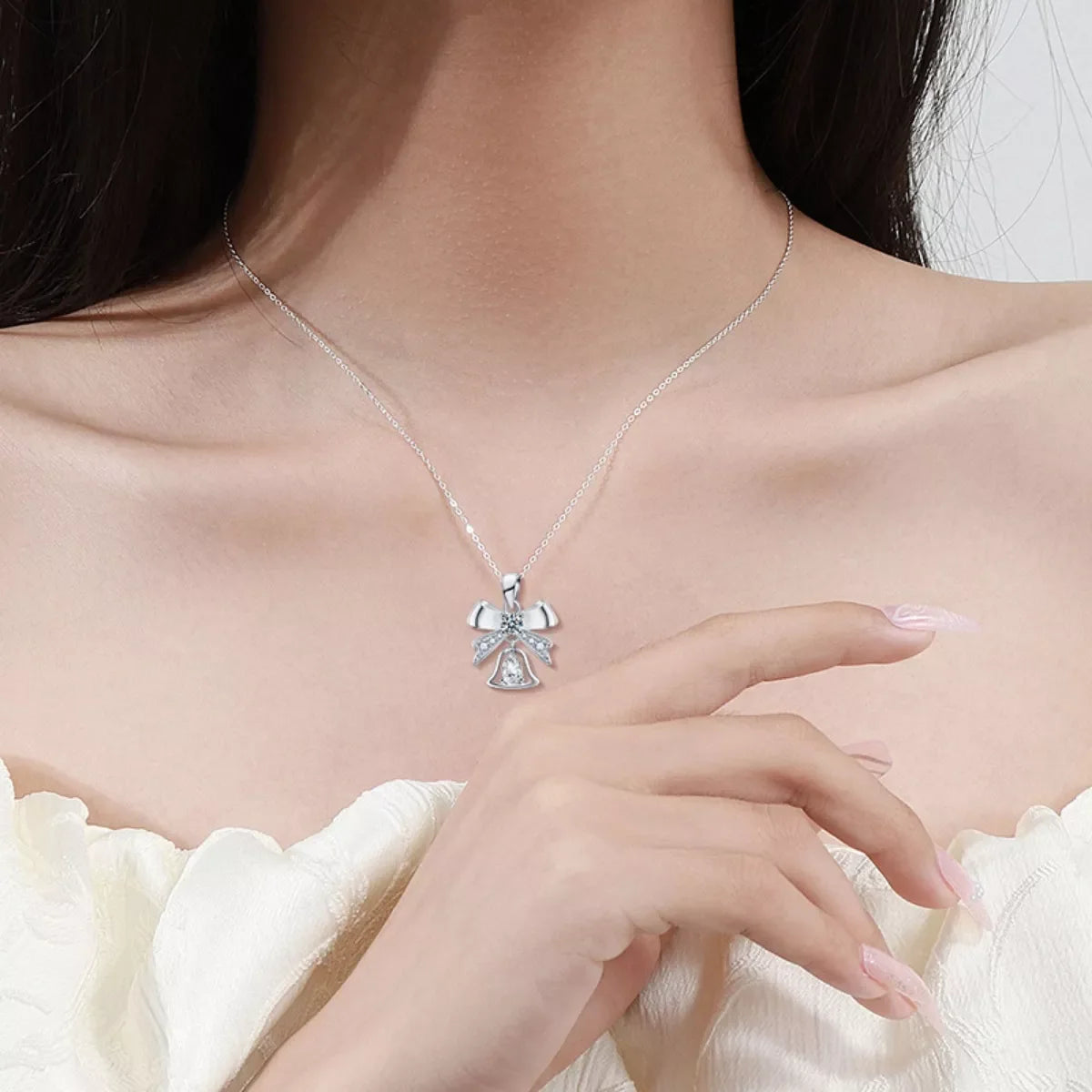 925 Sterling Silver Moissanite Bow Bell Pendant Necklace