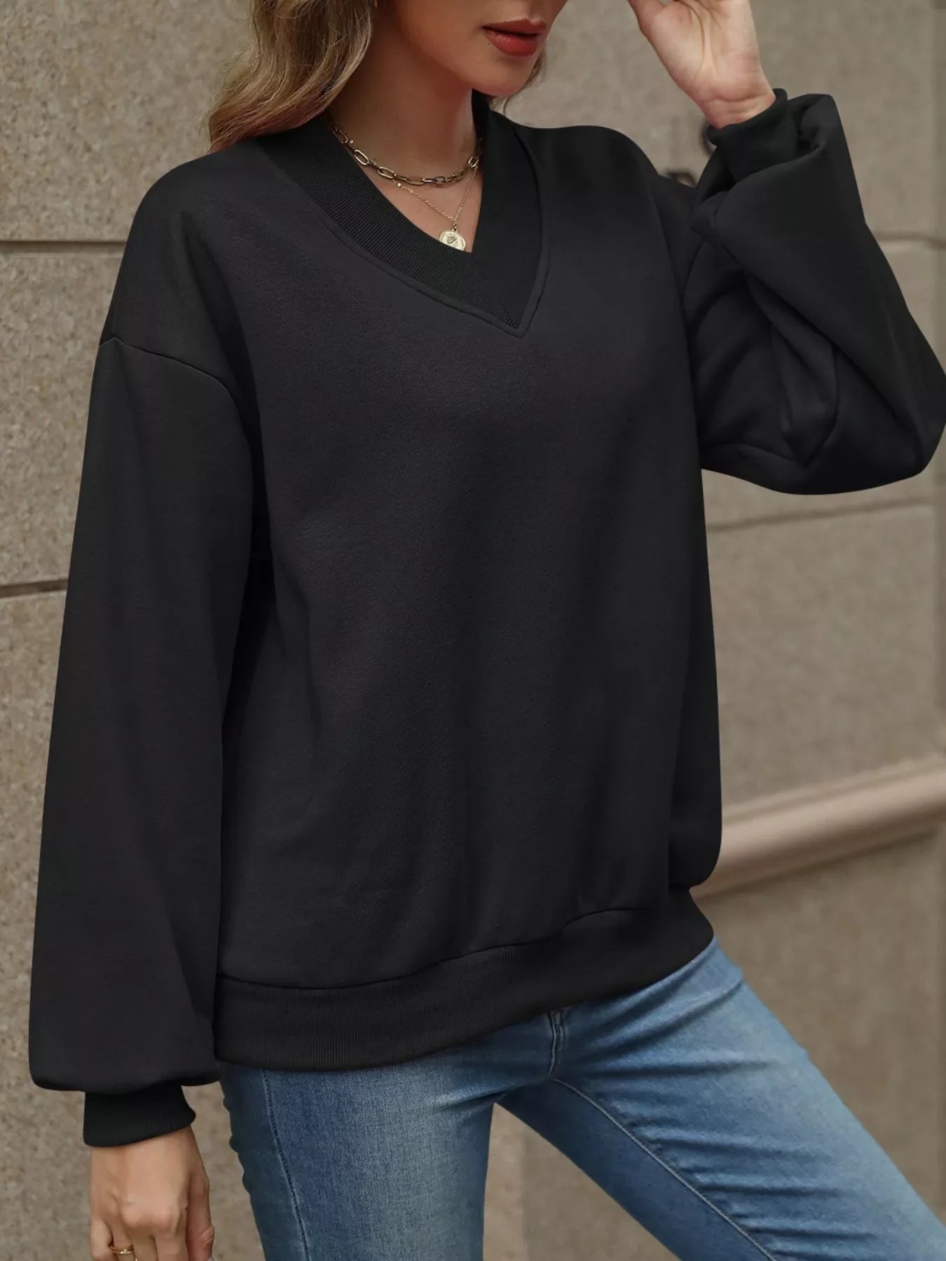 V-Neck Solid Color Casual Sweatshirt