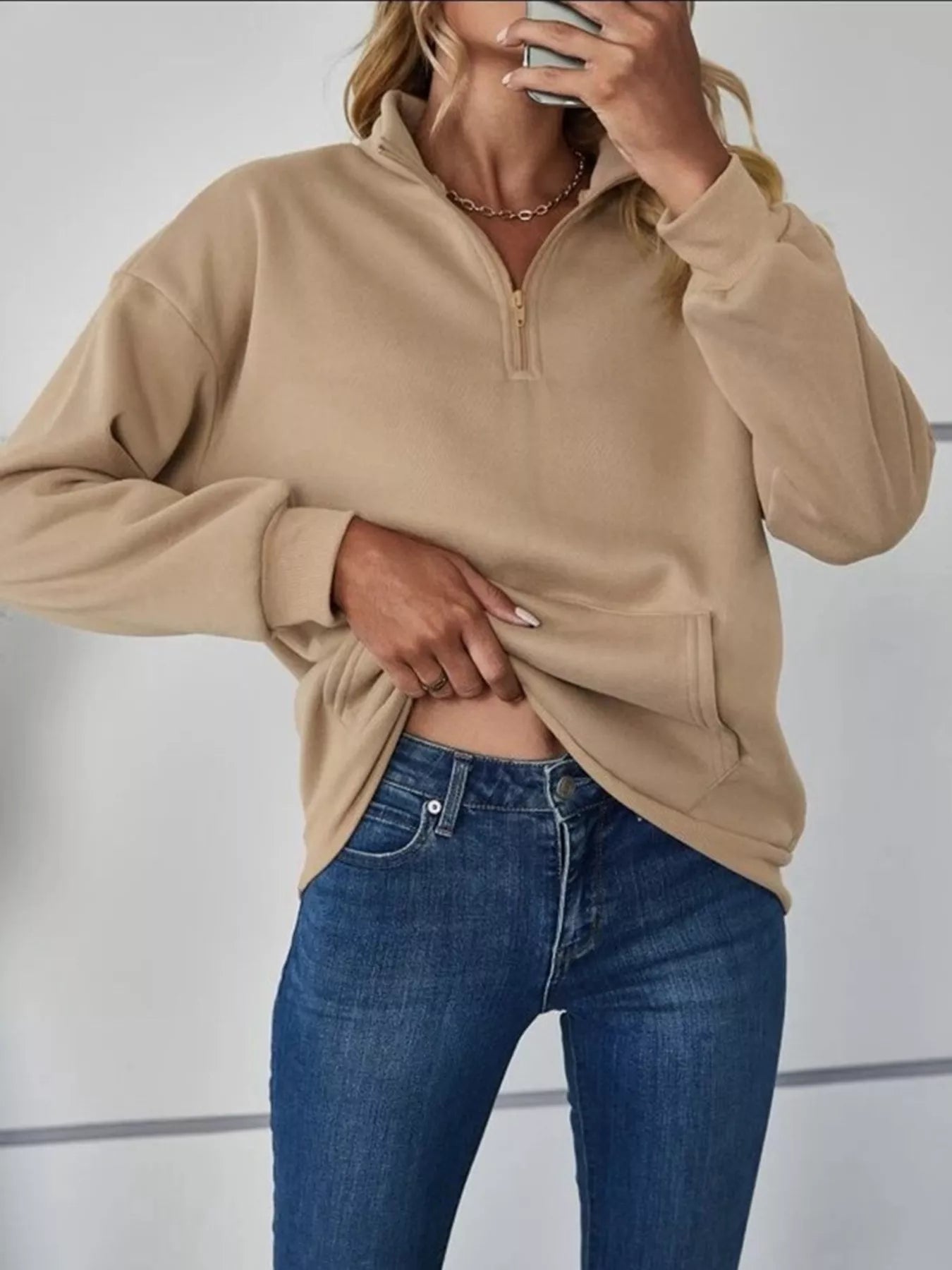Zip-Up Collar Sweatshirt with Pocket