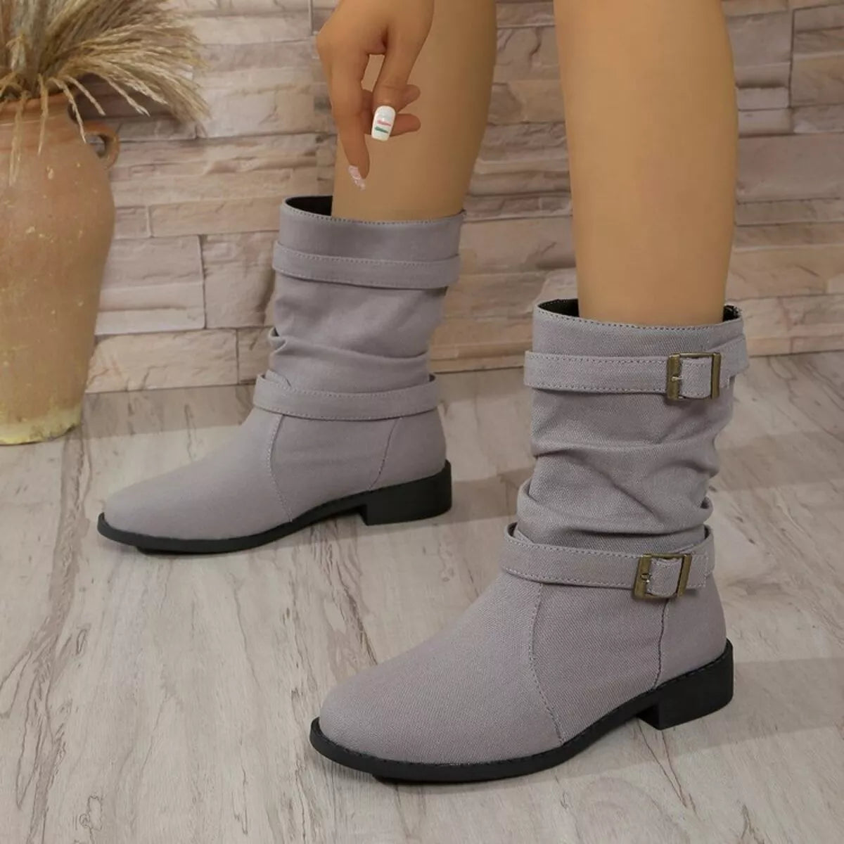 Buckle Accent Block Heel Boots