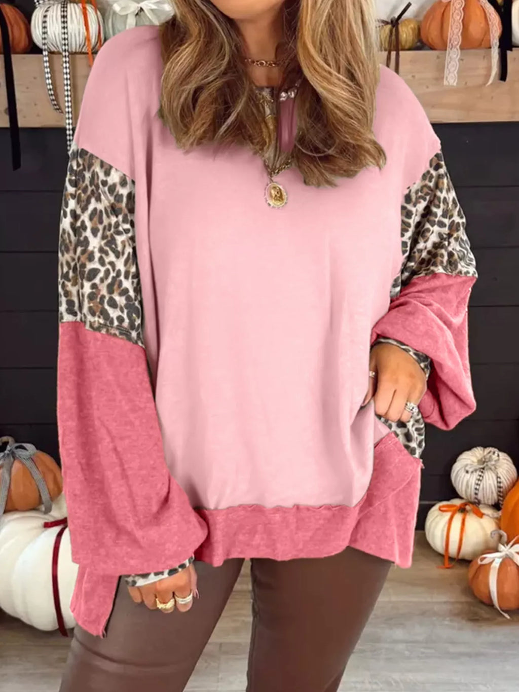 Color Block Leopard Round Neck Sweatshirt