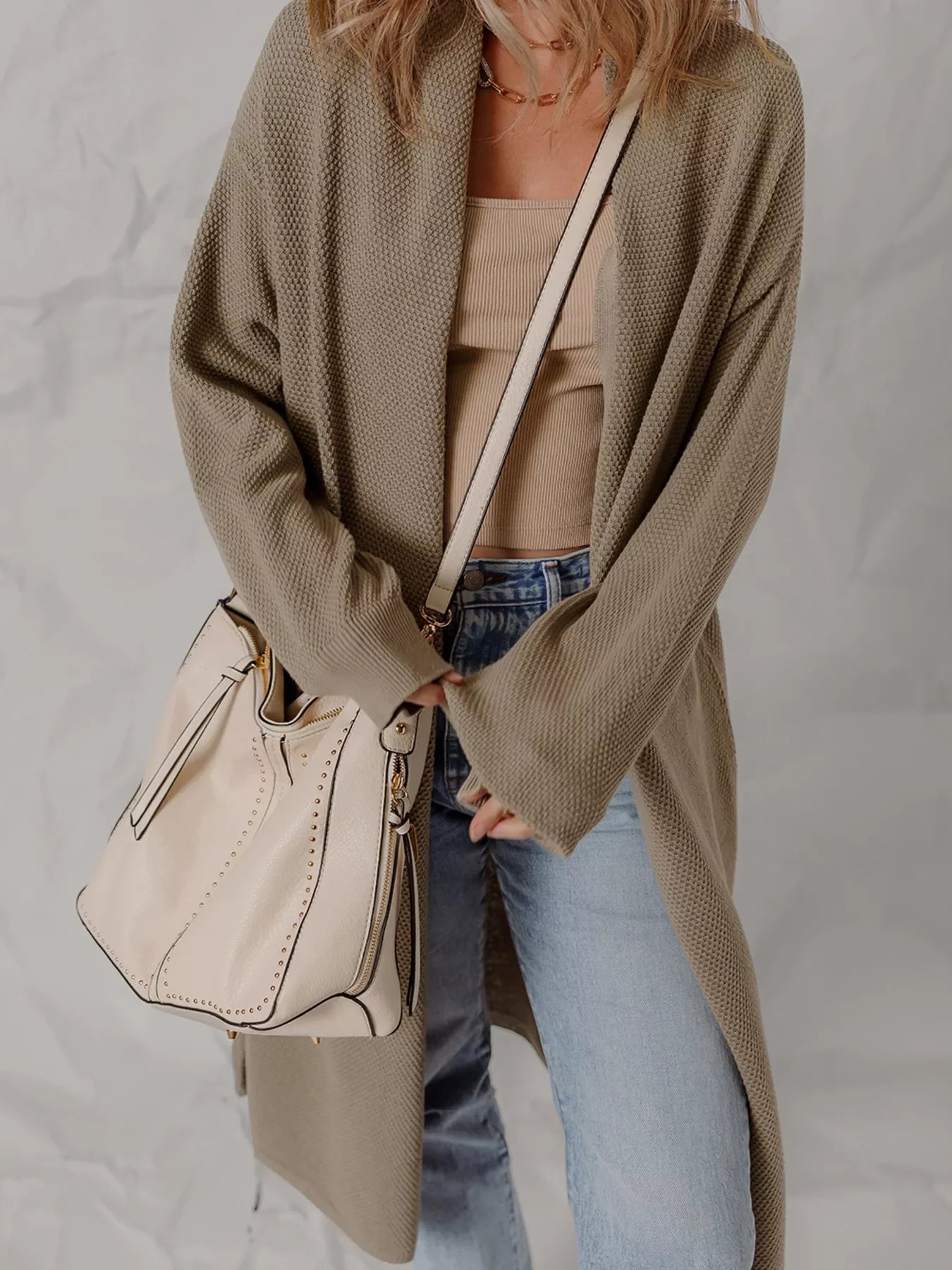 Solid Color Textured Knit Open Front Oversize Cardigan