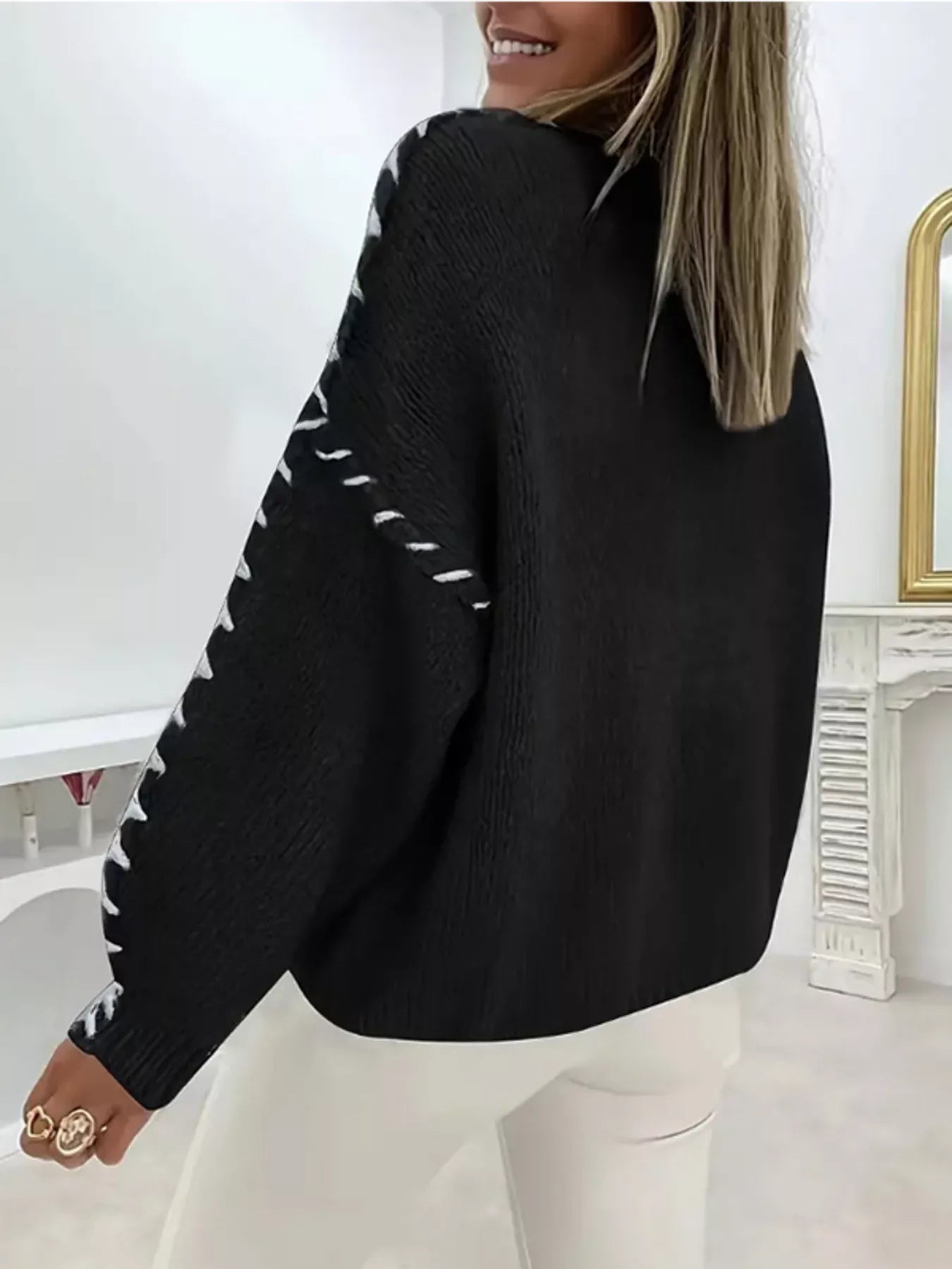 Contrast Stitching Dropped Shoulder Sweater
