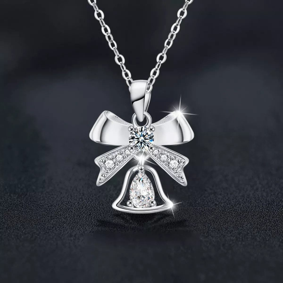 925 Sterling Silver Moissanite Bow Bell Pendant Necklace