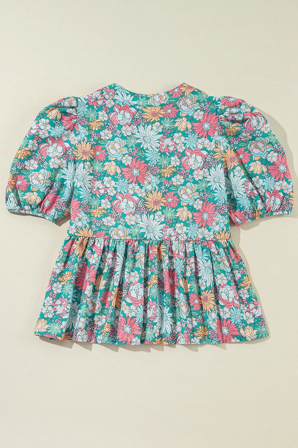 Multicolour Notched Neck Puff Short Sleeve Floral Blouse