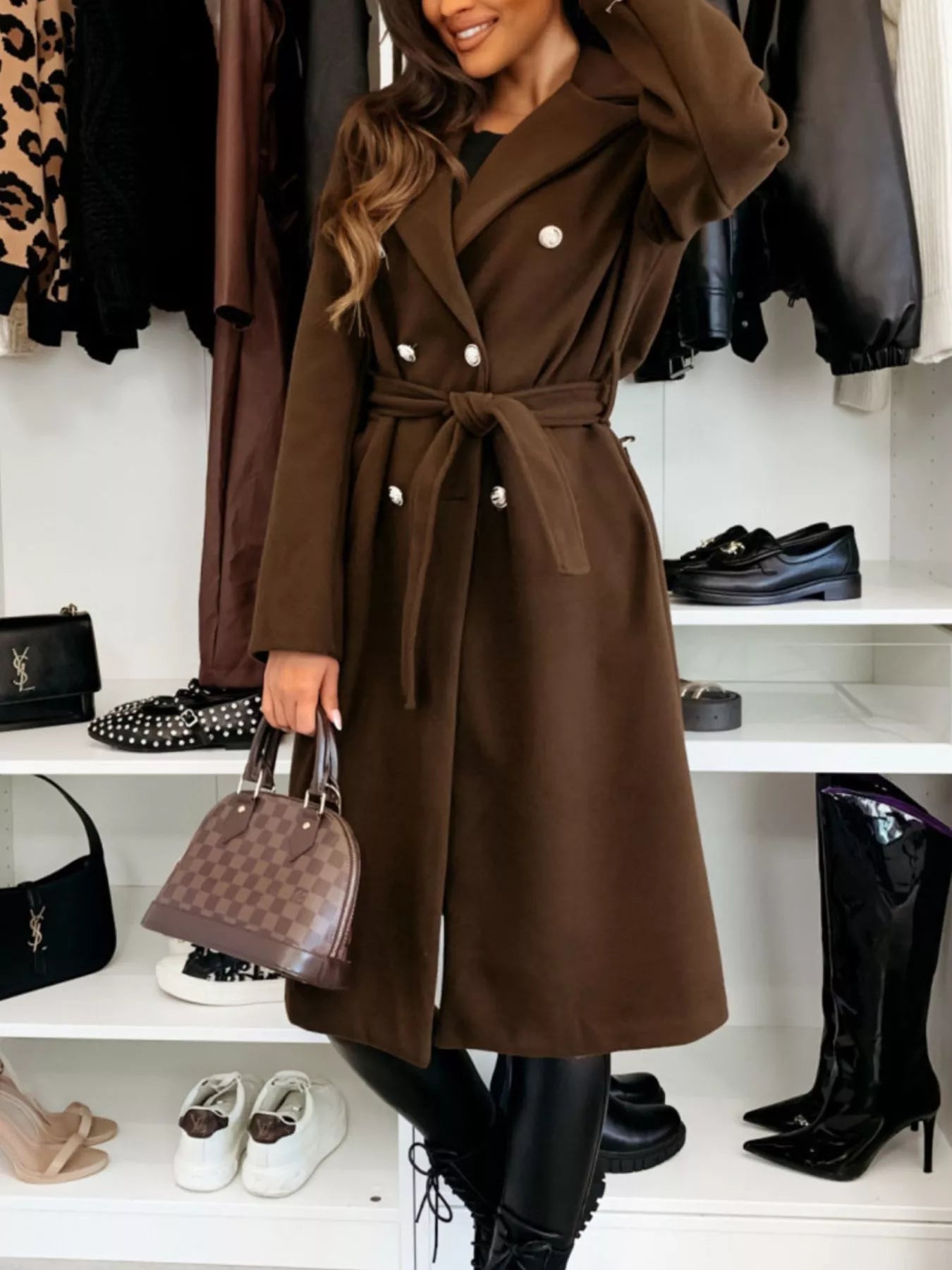 Double-Breasted Tie Waist Overcoat
