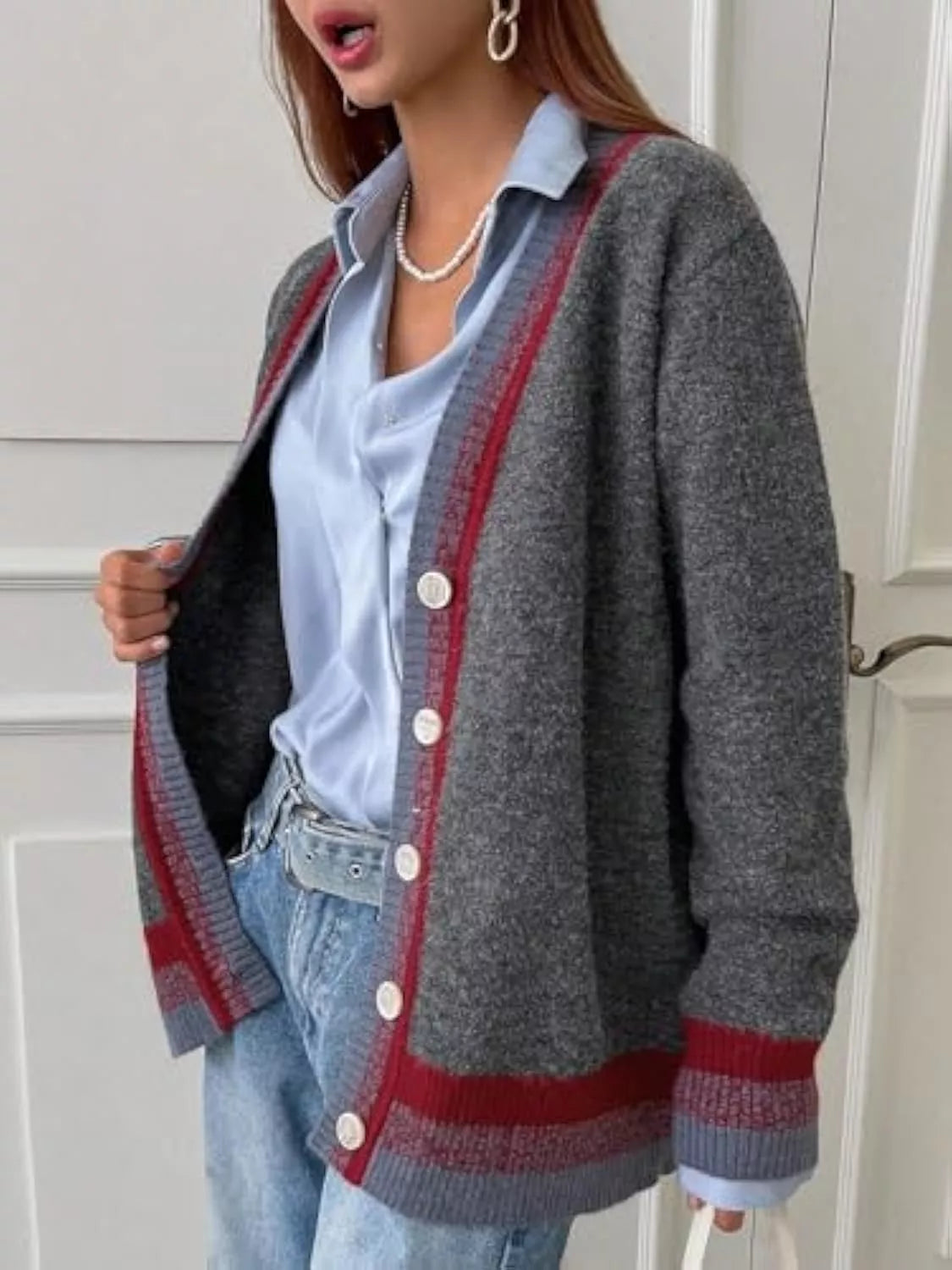 Striped Trim Button-Up Knit Cardigan
