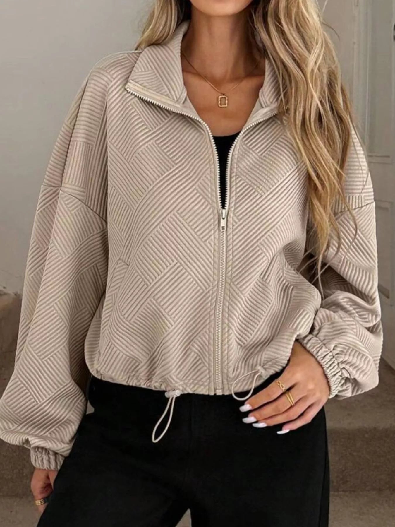 Textured Zip-Up Drawstring Hem Jacket