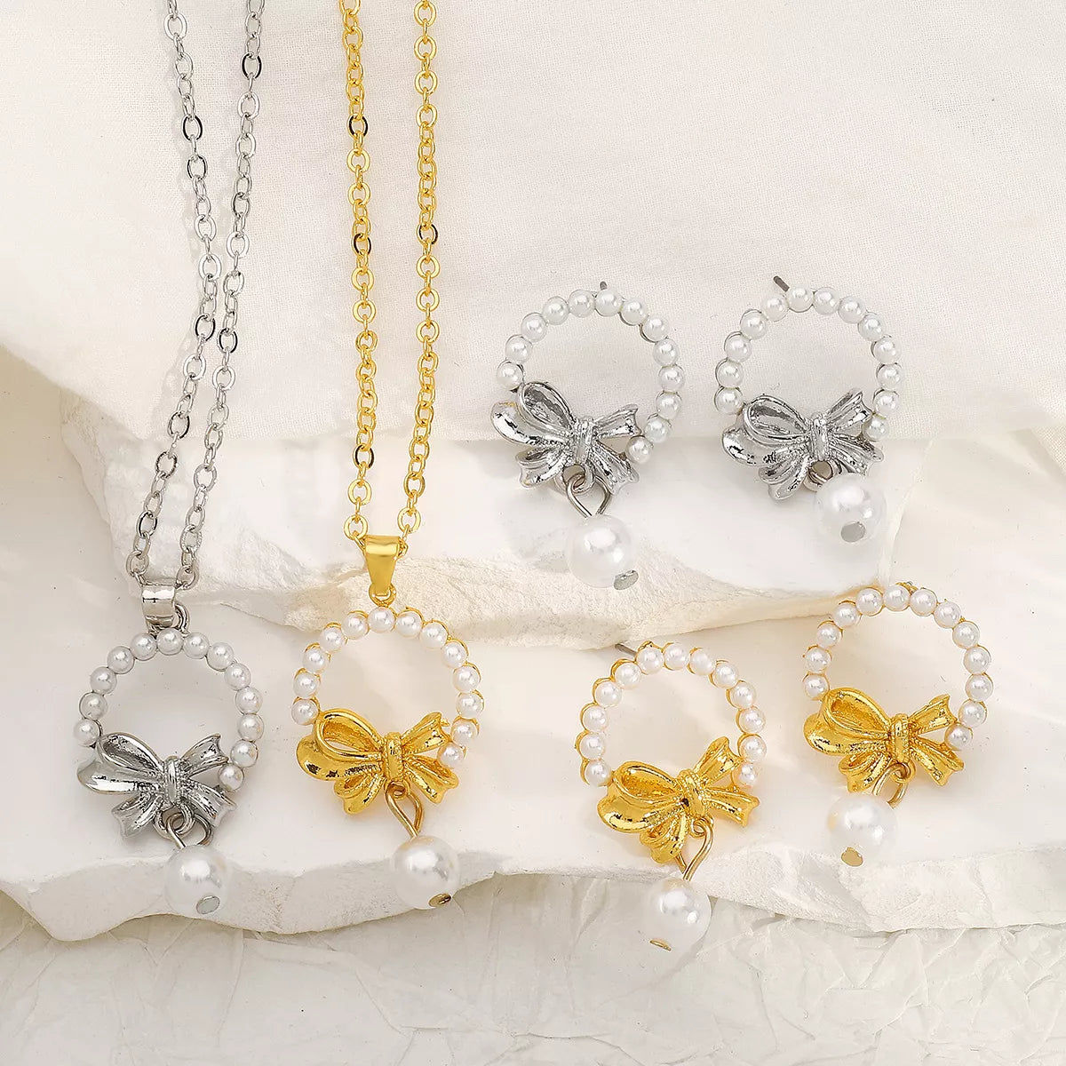 Bowknot Pearl Earrings and Pendant Necklace Jewelry Set