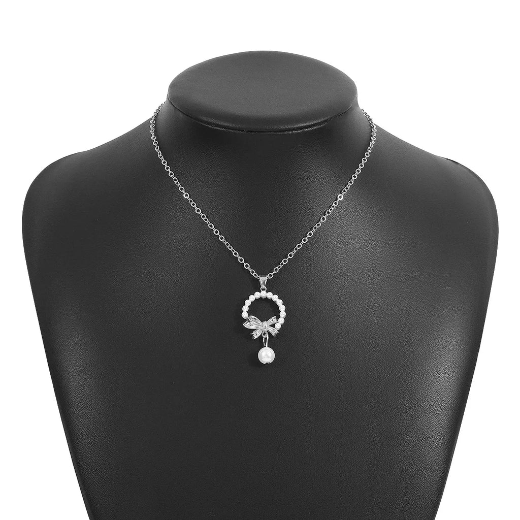 Bowknot Pearl Earrings and Pendant Necklace Jewelry Set