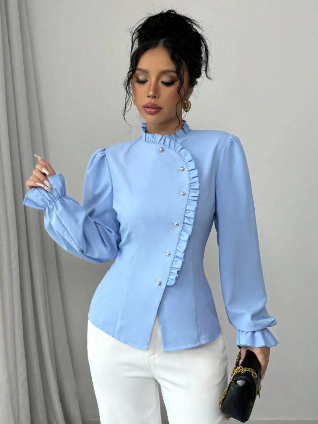 Ruffle Trim Long Sleeve Blouse